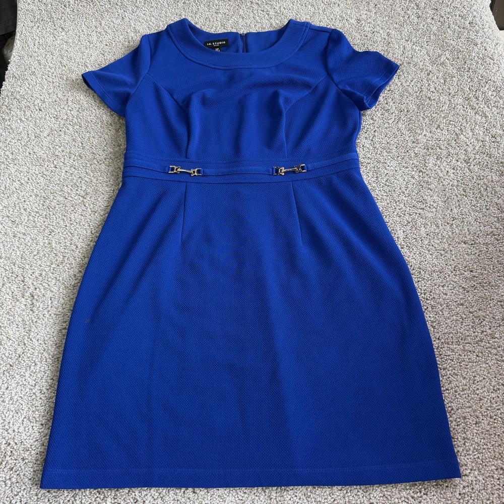 I.N. Studio Dress Womens 14P Blue Short Sleeve Sheath Knit Buckle Career Work